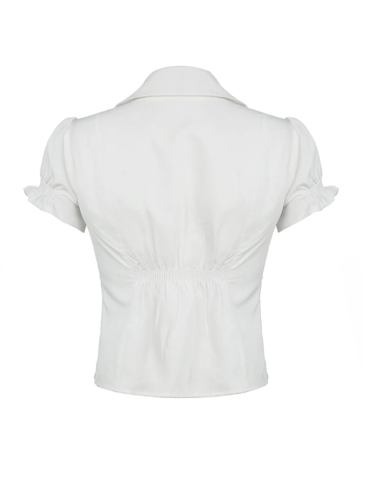 Sweetown Single Breasted Puff Sleeve White Shirts For Women Button Turn Down Collar Pockets Simple Casual Safari Style Tops