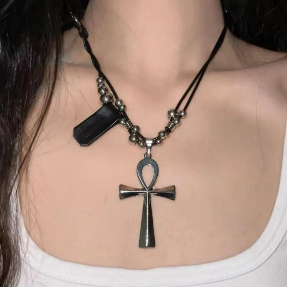 New Gothic Ancient Egyptian Ankh Cross Pendant Adjustable Leather Rope Chain Necklace for Women Men Halloween Grunge Y2K Jewelry - view 4