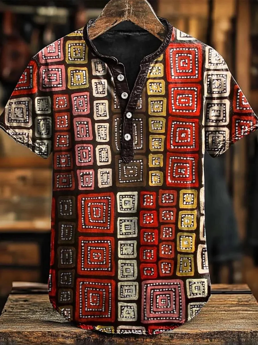 New Bohemian style short sleeved shirt for men, with a red brown background and geometric pattern printed casual shirt