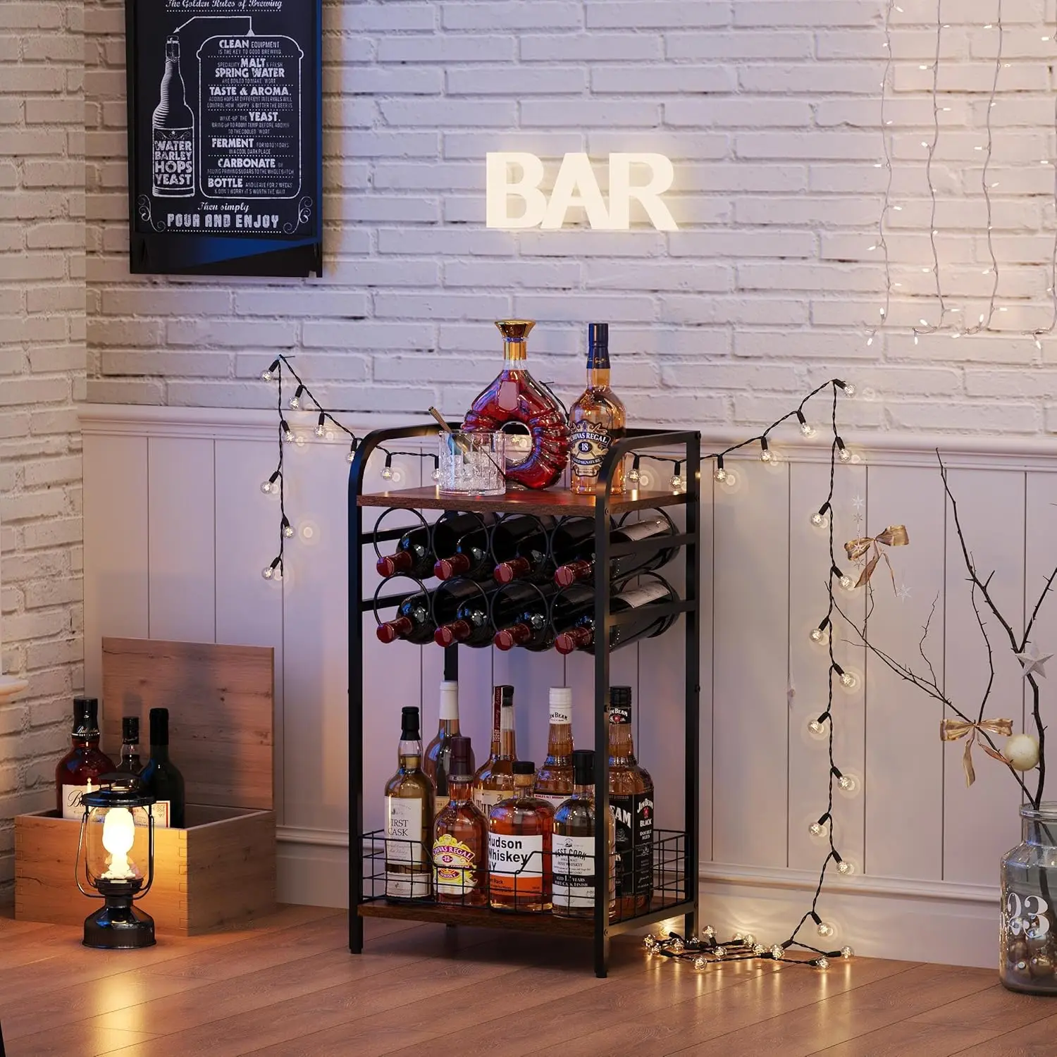 3-Tier Wine Bar Table with 8-Bottle Rack, Mini Cabinet for Whiskey Display & Storage in Living Room