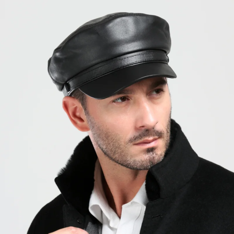 Leather Military Caps For Men Black Casual Flat Caps Army Women Genuine Leather Vintage Autumn Winter Military Hats