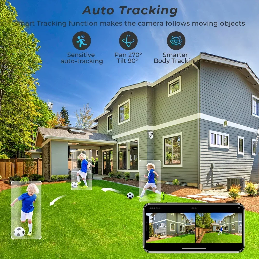 Outdoor Surveillance Camera PTZ IP WiFi HD 4K 8MP Wireless Home Security Device, with Automatic Tracking