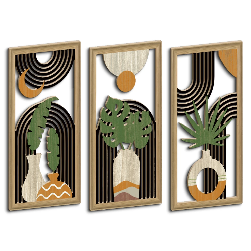 

Putuo Decor 3pc Boho Hollow Craft Wooden Painting Wall Decor for Home Bedroom Studio，Vases Plants Banana Leaves Element，Bohemian