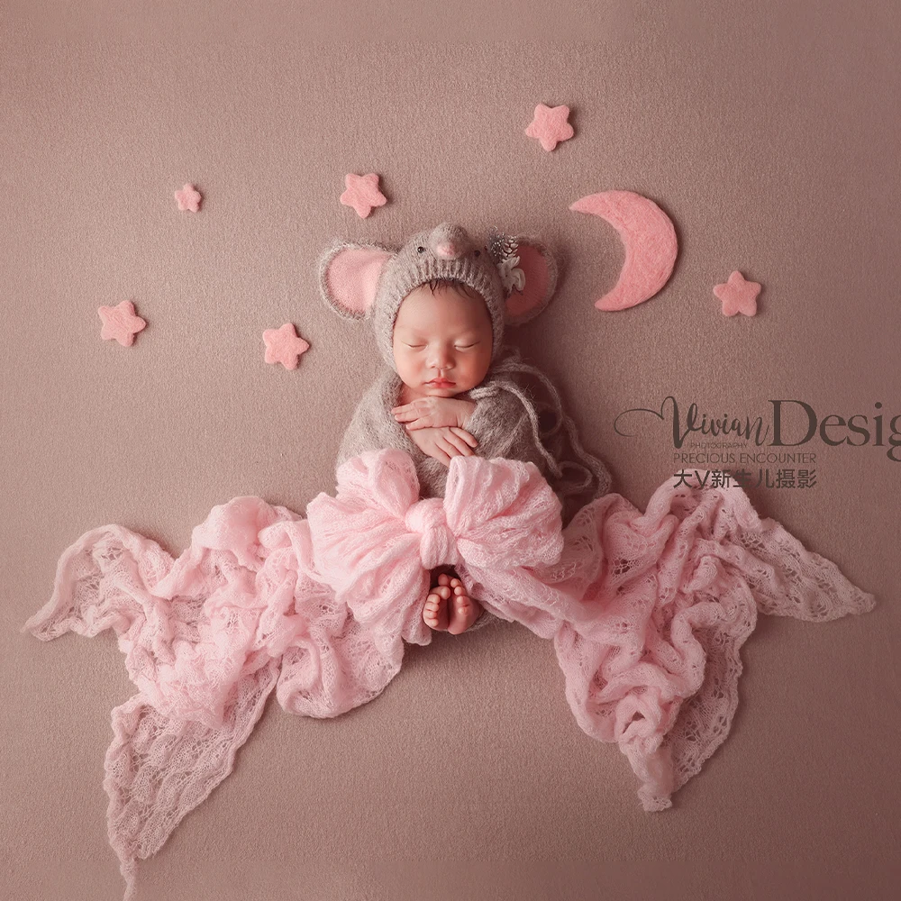 Newborn Photography Props Knitted Wraps Gray Elephant Hat with Headband Star Moon Background Decor Photo Studio Baby Shoot Props