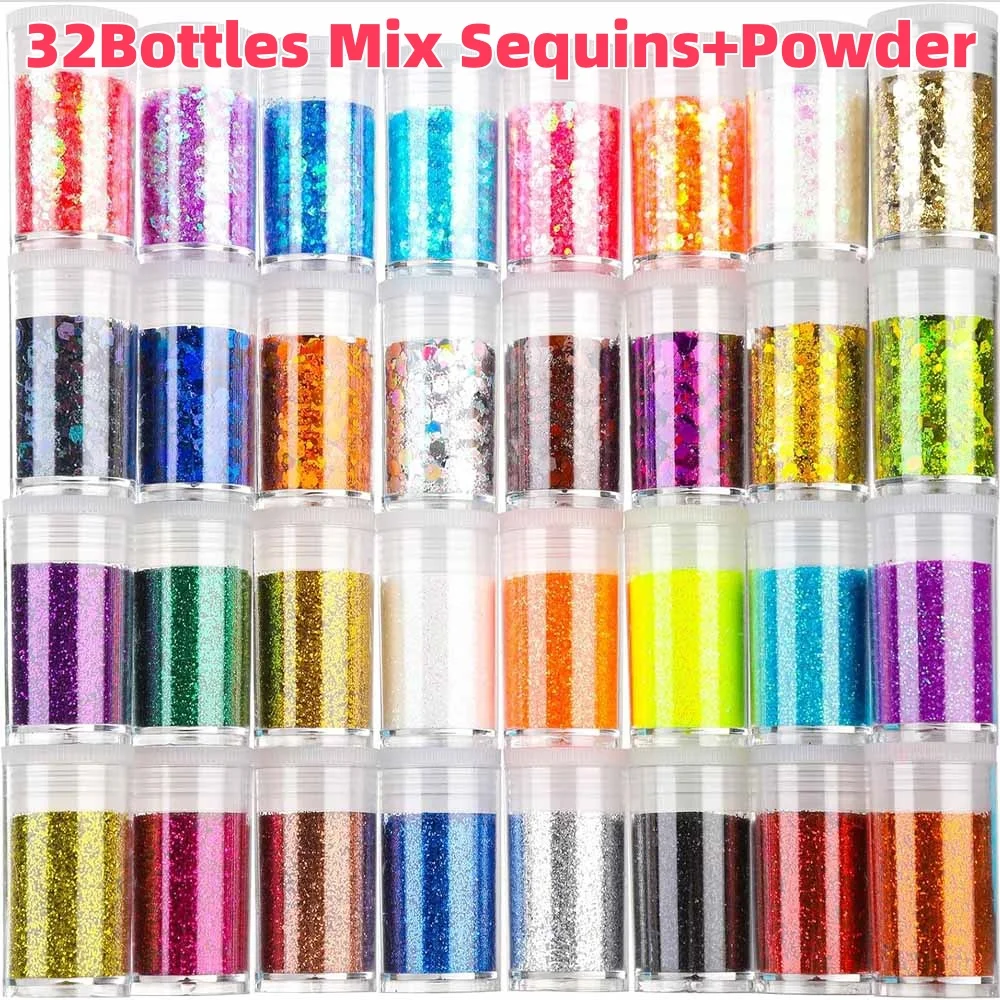 

32Boxes Holographic Nail Glitter Sequins+Powder Set Sparkling Chunky Flakes for DIY Crafts Hair Body Makeup Nail Art Decorations
