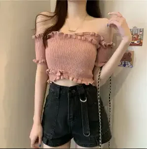 

Top Women 2025 Summer New Design Sense Off Shoulder Cross Short Sleeved Shirred Vest for Women Slim Fit Crop Lace Y2K Top