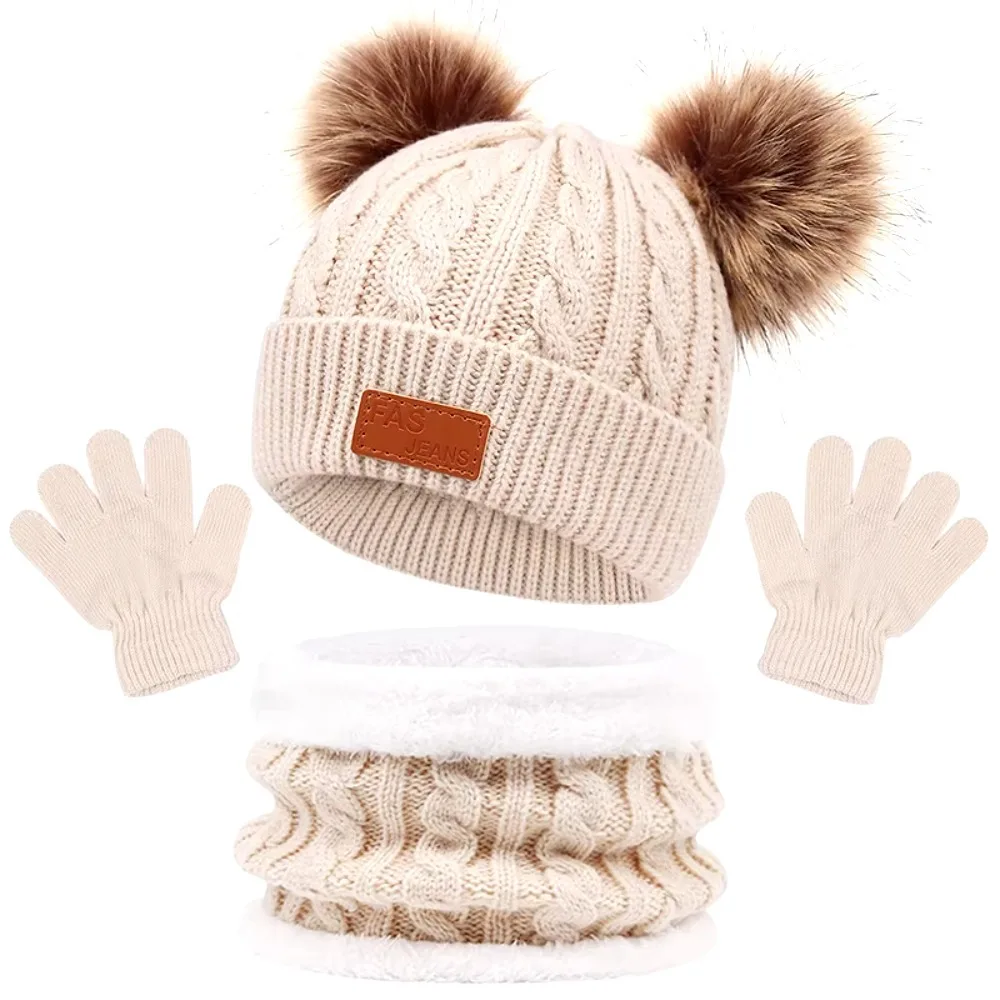 

3pcs Cute Solid Color Baby Hat Scarf Gloves Set Outdoor Warm Thicken Toddler Bonnet Windproof 1-5Y Pompom Knitted Hats Winter