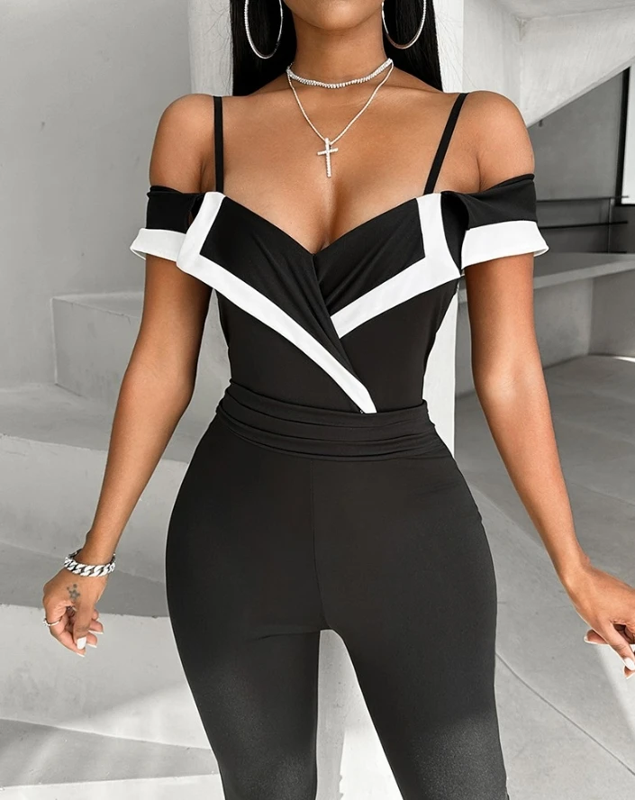 

Sexy Jumpsuit Women Elegant Colorblock Cold Shoulder Spaghetti Strap Short Sleeve Ruffles High Waist Skinny Pant Jumpsuit OTTD