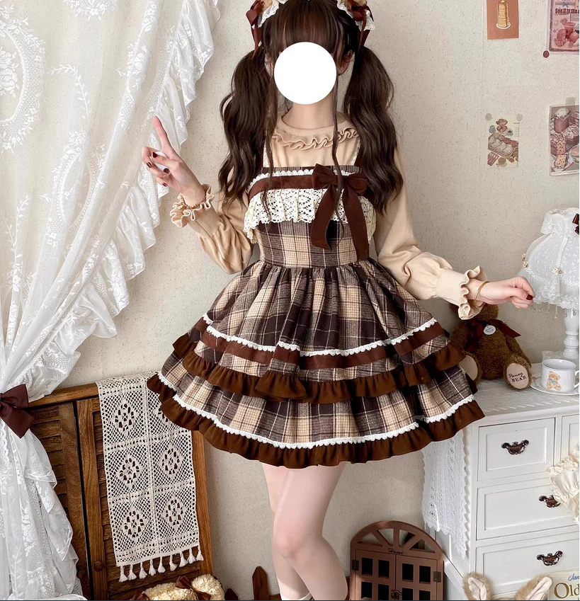 

Autumn and winter woolen cute bow lolita large plaid two section jsk