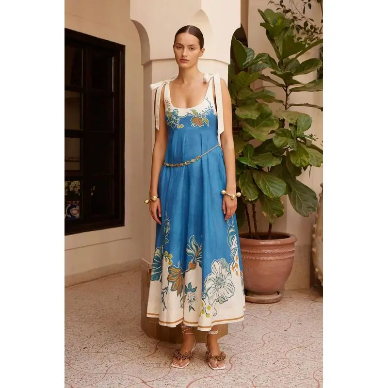Gaun Cetak Elegan Berpinggang Tinggi dengan Sabuk, Gaun Panjang Tanpa Lengan Kasual, Rok A-Line Wanita, Gaun Panjang Tali Linen