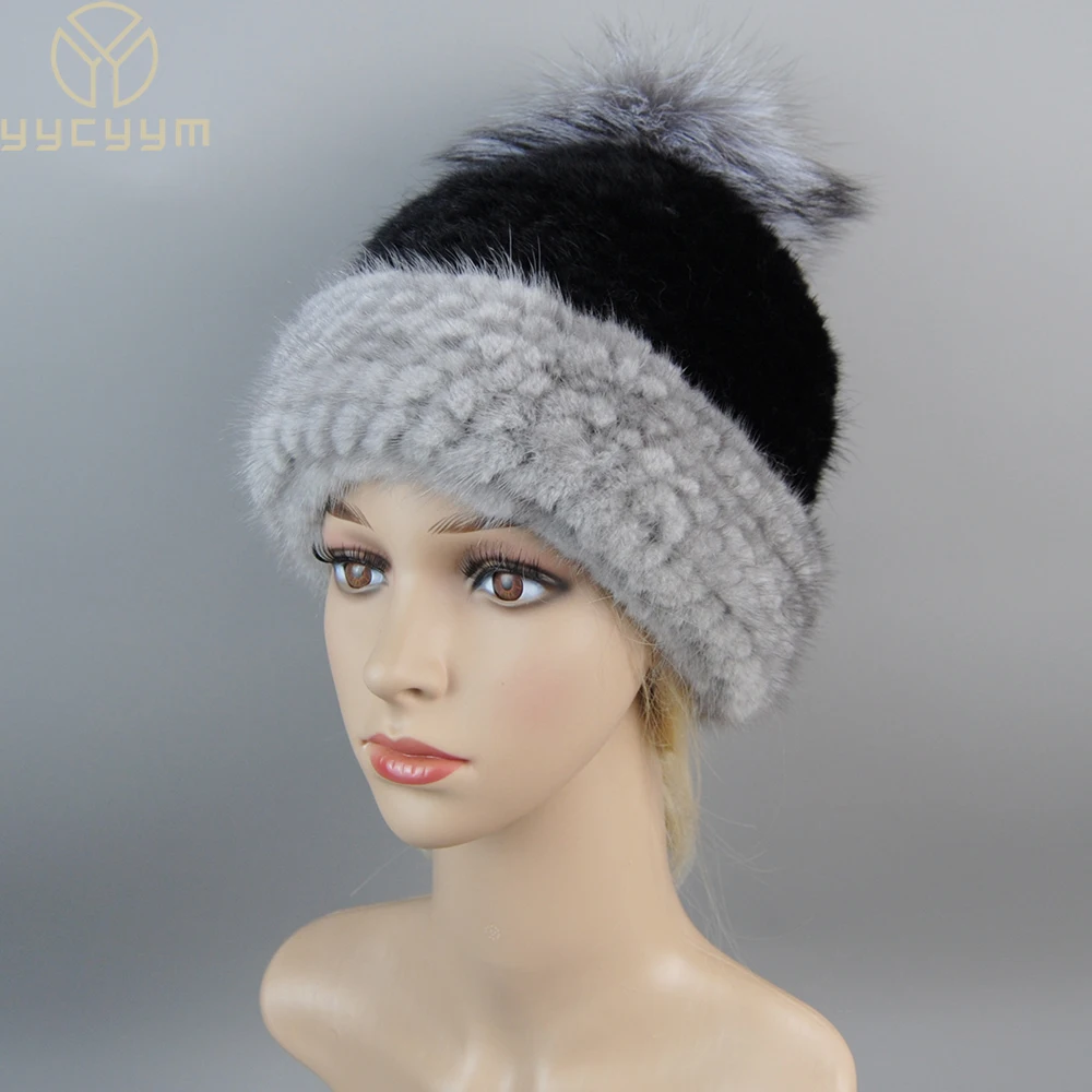 Good Elastic Luxury Female Fur Hat Fashion Knitted Ladies Real Mink Fur Beanies Caps Winter Women Warm Natural Mink Fur Hats