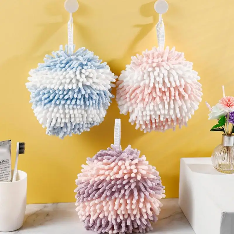 Soft Chenille Hand Towels Kitchen Bathroom Hand Towel Ball With Hanging Rings Quick Drying Absorbent Microfiber Towels