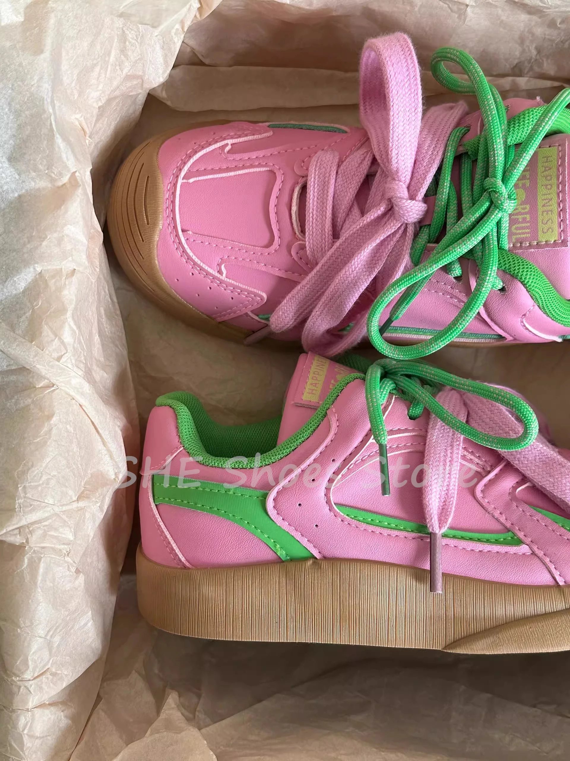 Mixed Color Butterfly Knot Sneakers for Women Round Toe Chunky Bottom Height Increasing Lace-Up Sport Shoes Ladies Leisure Shoes