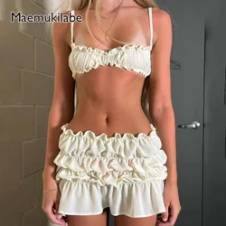 Maemukilabe Fairy 2 Piece Skirts Outfits Frills Spaghetti Strap Cami Crop Tops + Ruched Mini Skirt Women Y2K Vintage Streetwear