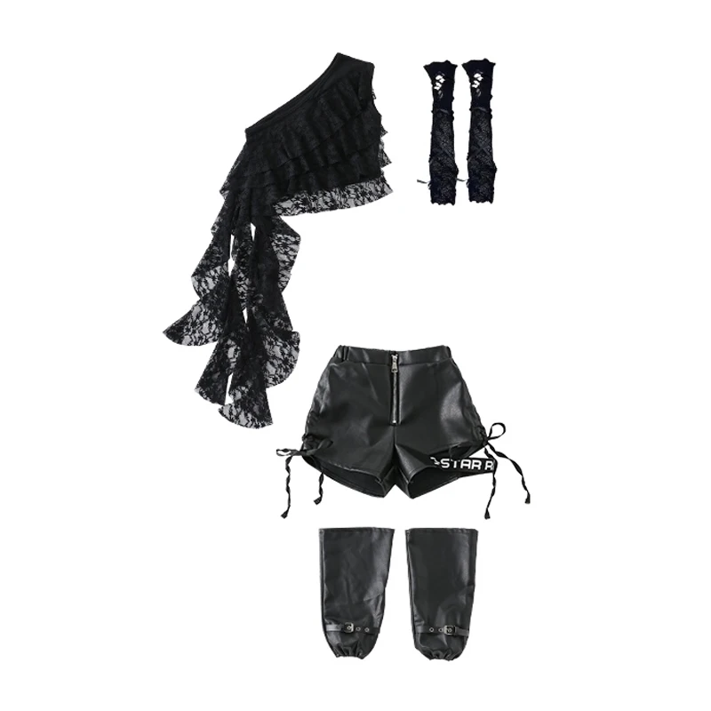 Kpop الفتيات ملابس رقص الجاز الأسود بلوزات من الدانتيل السراويل الجلدية العجل الأكمام الهيب هوب أداء الملابس الحفل المرحلة ارتداء BL16210 #6