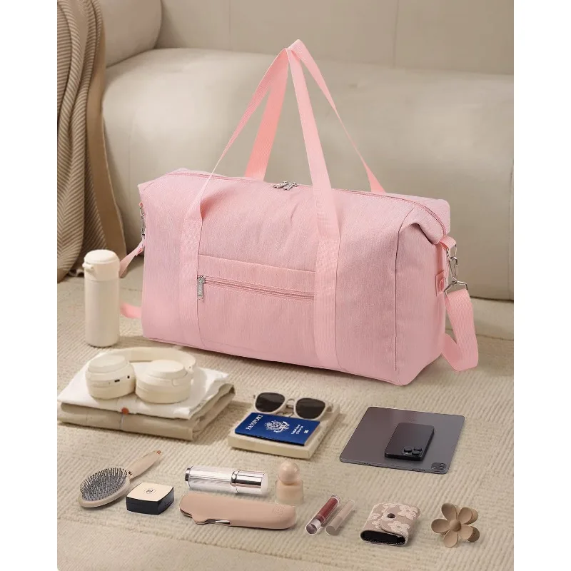 1pcs Storage Duffel Bag Polyester Pink Expandable Gym Tote Front Zipper Pocket Detachable Strap Weekend Travel Clothes Bag view 6