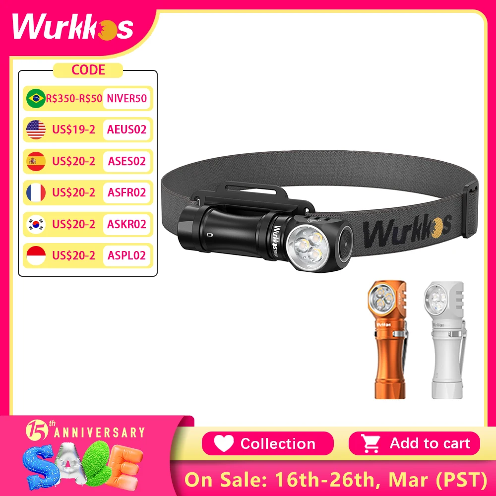 Wurkkos HD10 Headlamp Rechargeable 14500 IP68 EDC 1200Lm 3* 90 CRI LEDs + 3* RGB Aux LEDs Anduril 2.0 Fishing Camping Torch