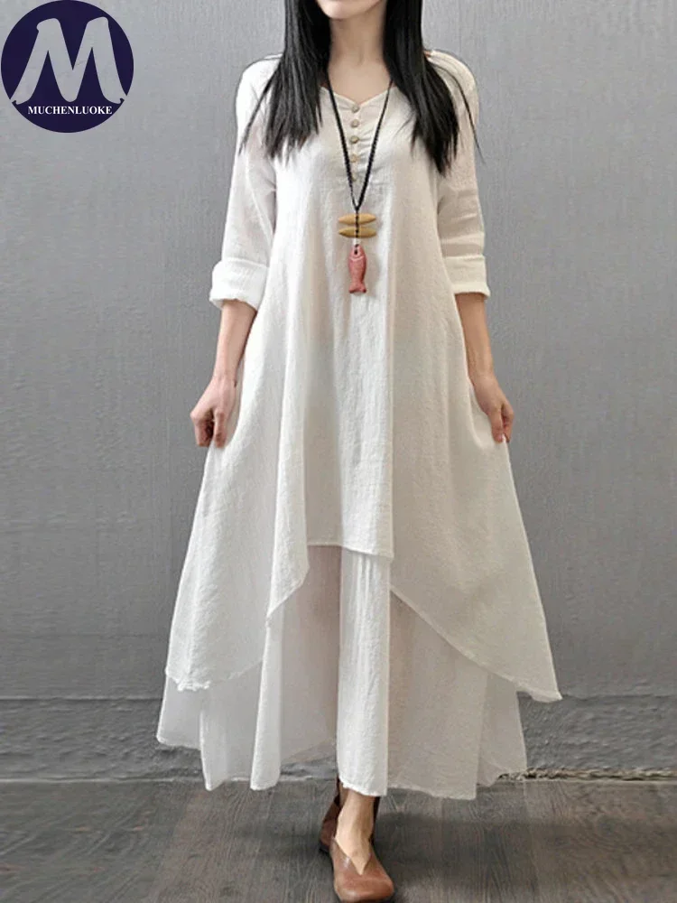 Elegantes Damenkleid mit Langen Ärmeln und Rundhalsausschnitt Sommer Neues Baumwoll-Hanf-Kleid Locker Sitzend Modisches Kleid für Damen