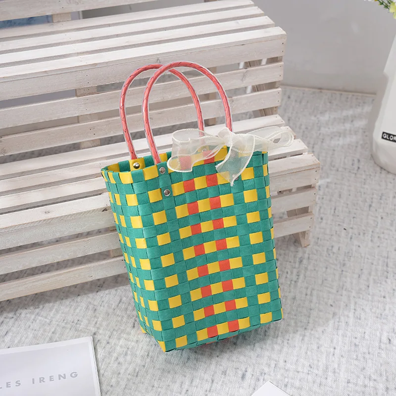 Colorful Woven Small Basket Trend Fashion Splicing Large Capacity Leisure Vacation Vertical Square Beach Bag