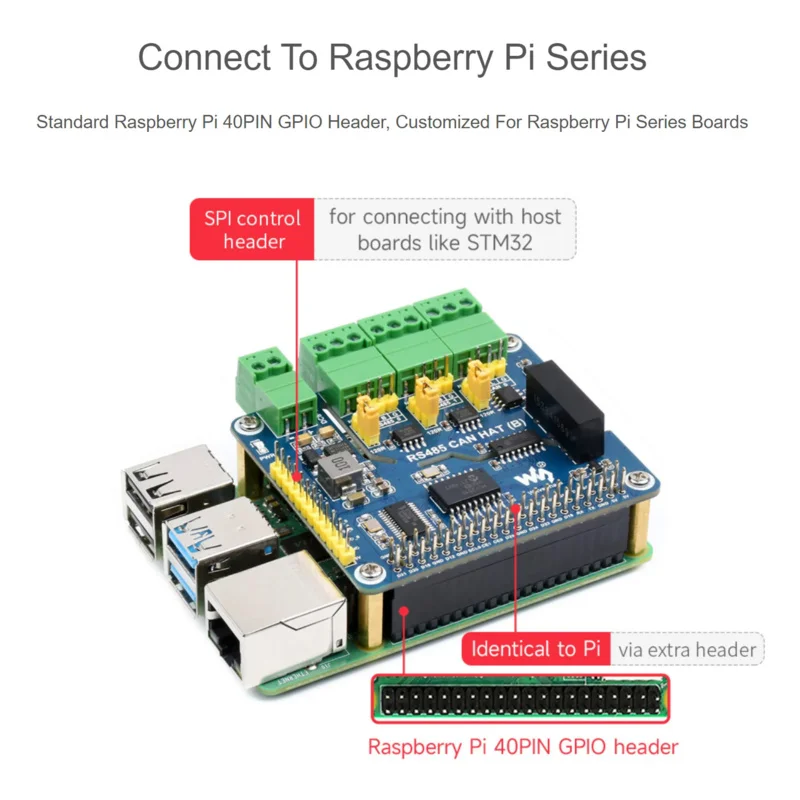 Isolated RS485 CAN HAT (B) for Raspberry Pi 2-Ch RS485 and 1-Ch CAN Multi Protections