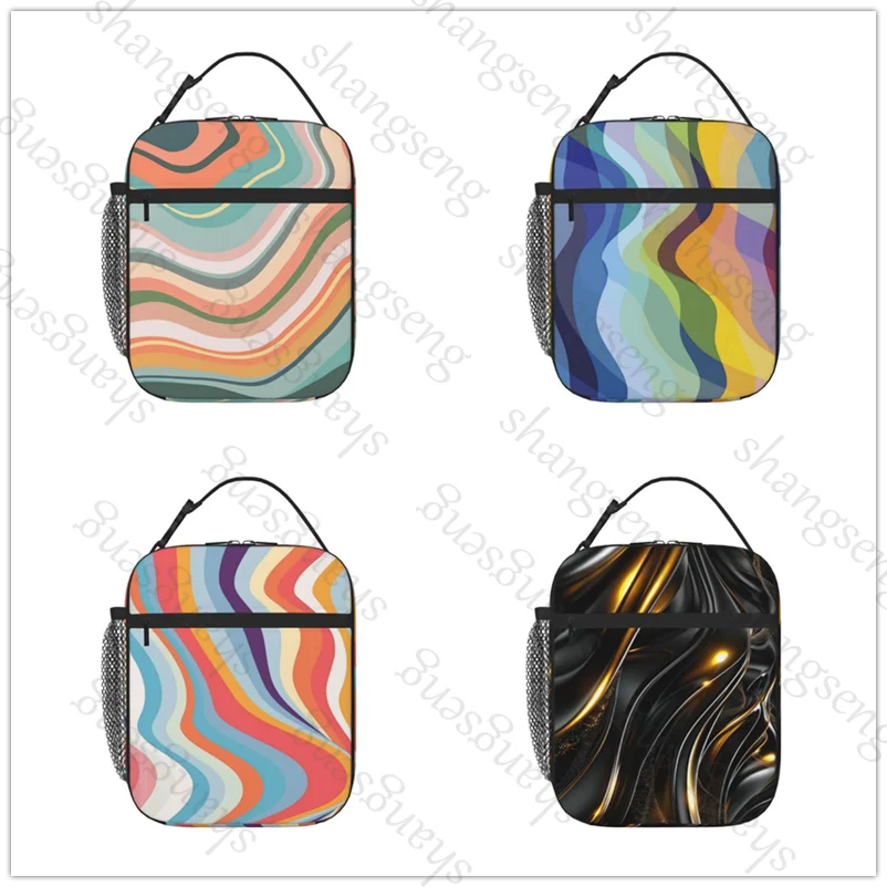 Lunch Bag insulated bag,student thickened waterproof Outdoor Travel Ice Pack, Picnic Bag black gold abstract design