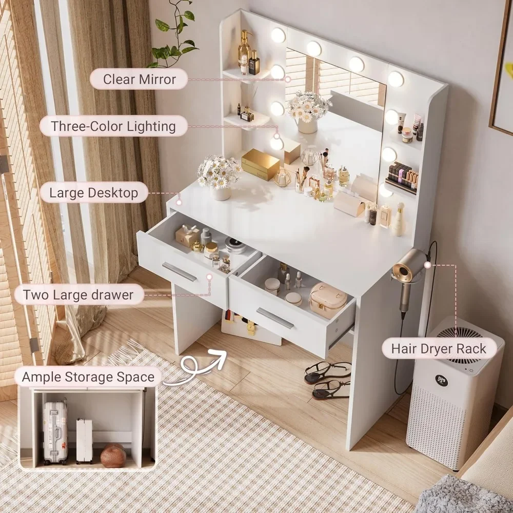 Dressing Table with Mirror and Lights Power Outlet, 2 Drawers, 6 Storage Shelves Hairdryer Holder, Vanity Desk