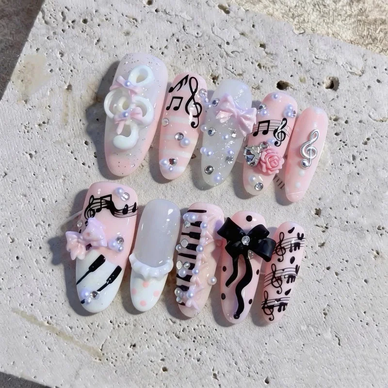 10pcs Pink & Black Muse Handmade Nails 3D Music Note Y2K Bow Press on Nail Long Oval Fasle Nail for Women&Girl Fake Nail Art