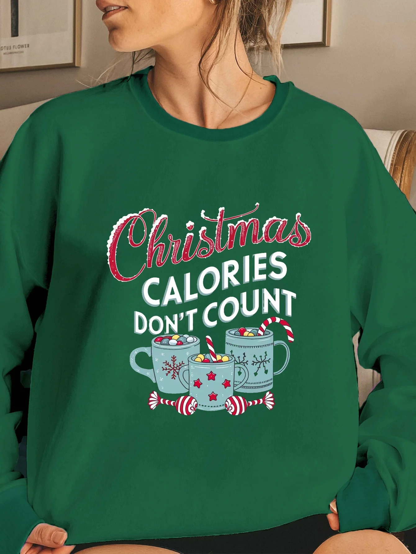 

Women's Christmas Calories Don't Count Graphic Print Sweatshirt - Vibrant Red Crewneck Casual Pullover with Festive Hot Cocoa