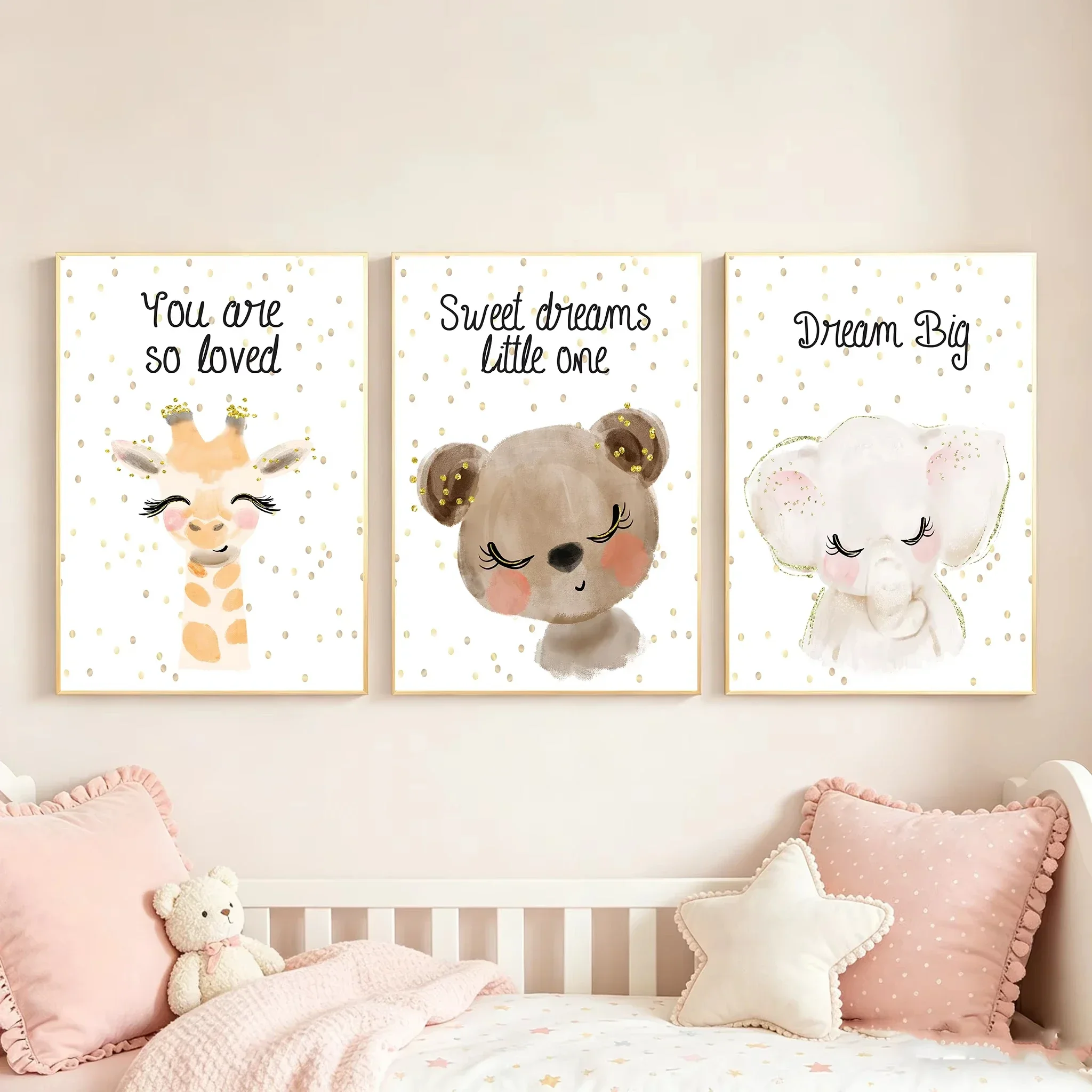 2D Flat Printing 3pcs frameless Multiple sizes   Canvas Painting, Sweet Dreams Cute Animal Art Posters Elephant, Giraffe, and Be