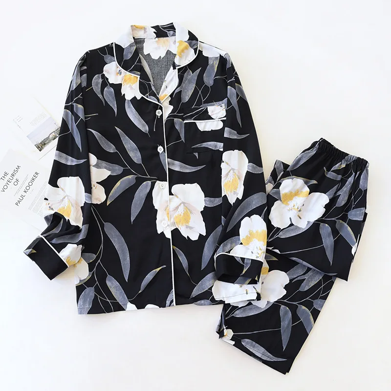 New spring and summer ladies viscose pajamas, long-sleeved elegant big flower home wear, casual thin two-piece suit plus size