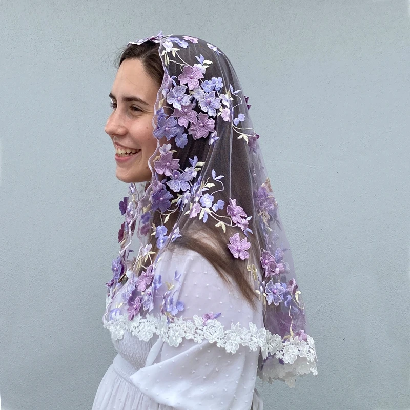 3D Floral Lilac Light Purple Mantilla Veil For Church Mass Catholic Gift Pearls Flowers Lavender D Shape Vintage Head Covering