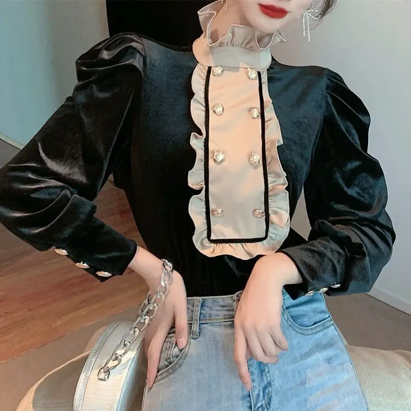 Fashion Butterfly Sleeve Spliced Button Ruffles Puff Sleeve Blouse Women\'s Clothing 2023 Winter New Casual Pullovers Sweet Shirt