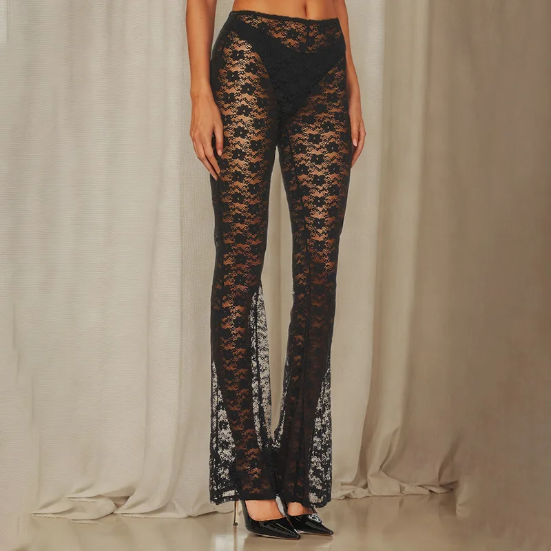 New Fashionable Floral Lace Pants With Versatile High Elasticity And Sexy Perspective Casual Flared Pants