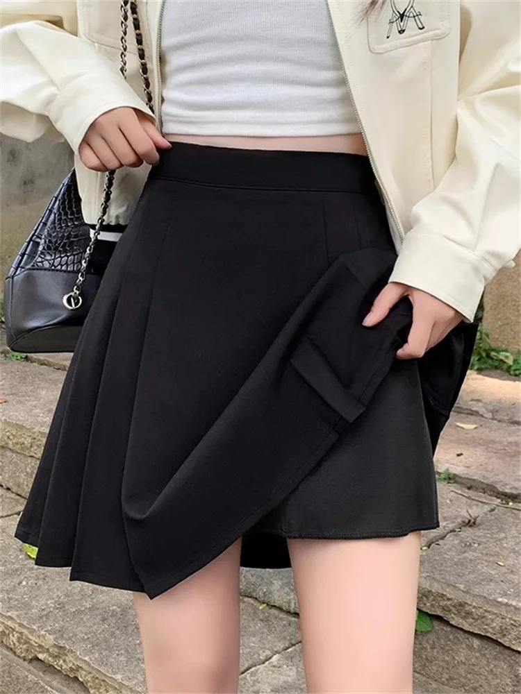 Preppy Sle Black Pleated Skirt A- line Skirt Plus Size Plus Size Ladies Spring Slimming Youthful-Looking Belly Covering Pet...