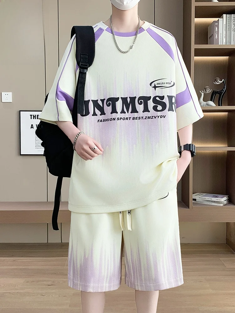 

Мужской летний комплект из футболки и шорт: свободный крой, повседневная спортивная одежда, дышащий полиэстер, круглый вырез