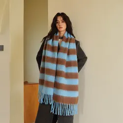 Blue Brown Color-blocked Striped Acrylic Imitation Cashmere Scarf for Women Winter Thickened Versatile Warm Shawl Dual-use Scarf