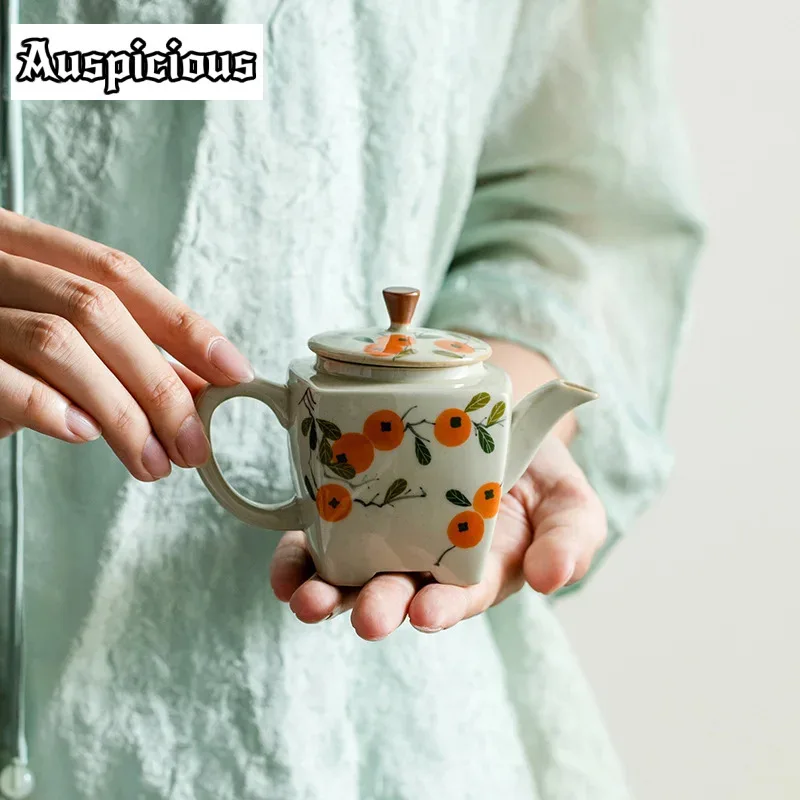 

125ml Pure Hand-painted Persimmon Teapot Vintage Square Standing Tripod Pot Tea Soaking Kettle for Tea Plant Ash Teaware Craft