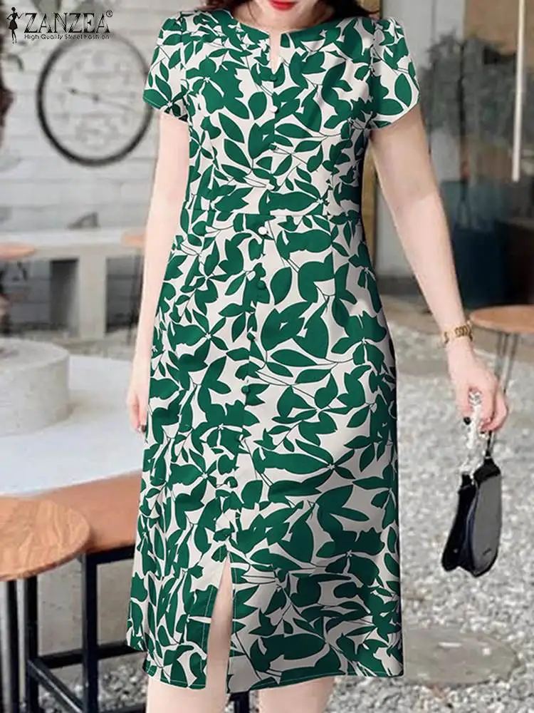 ZANZEA Women Floral Printed Midi Dress Vintage Short Sleeve Robe Fashion Summer V-neck Vestidos Casual Waisted Split Dresses