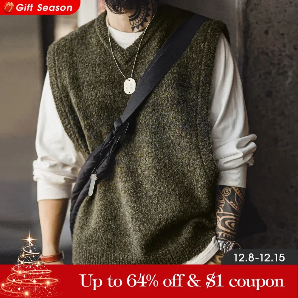 Maden Retro Knitted V-neck Vest for Layering Solid Pullover Warm Sleeveless Waistcoat for Men\'s Fall and Winter Knitted Tops