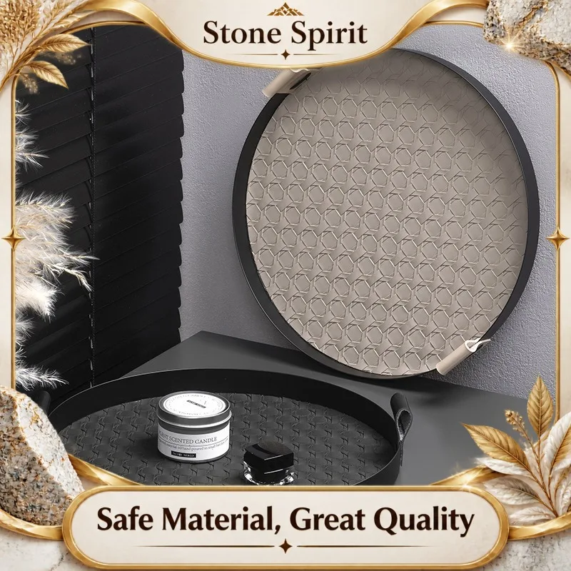 Nordic - style Ins Woven & Leather - covered Round Tray - Decorative Ornament for Tea Table, Perfume & Clutter Organizer