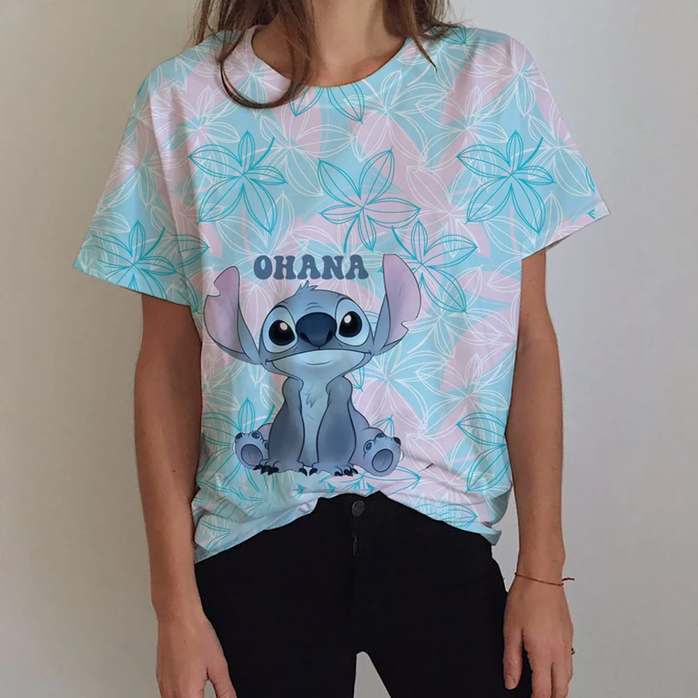 Kawaii Lilo Stitch Print Women's T-shirt Women's Summer Children's T-shirt Casual O-neck Ohana Stitch Disney T-shirt