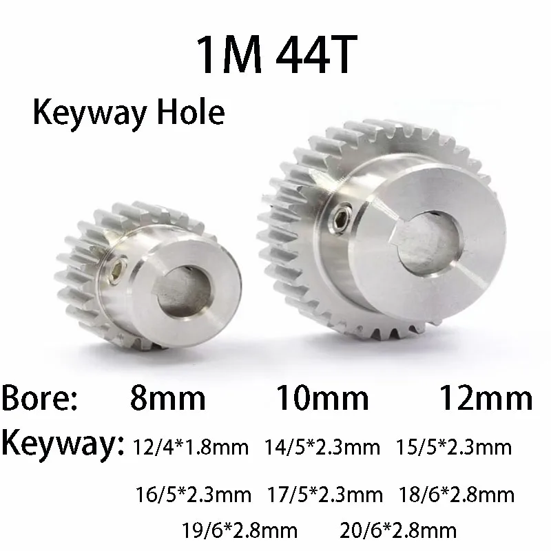 1PC Pinion Gear Keyway Hole 1M 44T Teeth 8-12mm Aperture Stainless Steel Boss Spur Gear  Transmission Accessories for Motor Part