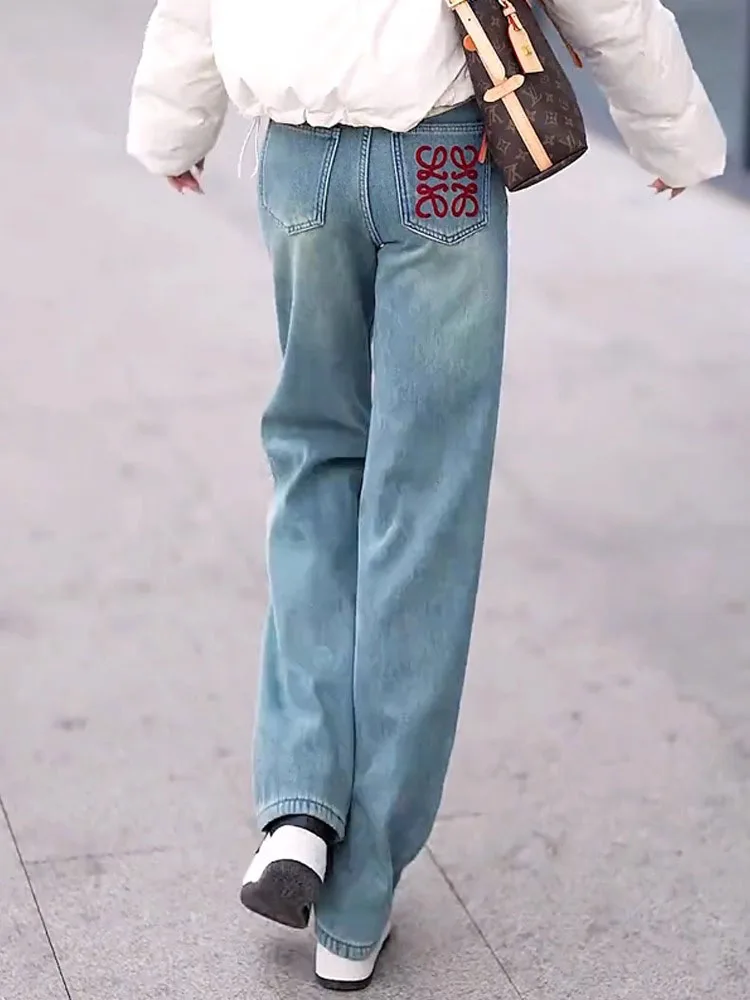 High Waist Wide Leg Jeans Women's Loose Fit Straight Cut Retro Slimming Denim Pants Autumn New Sle plus Size Casual Trousers