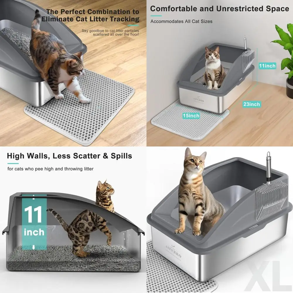 

Очень большой закрытый лоток для кошек с крышкой для крупных кошек - высокие бортики, защита от протекания, антипригарное покрытие, в комплекте коврик и совок (серый)