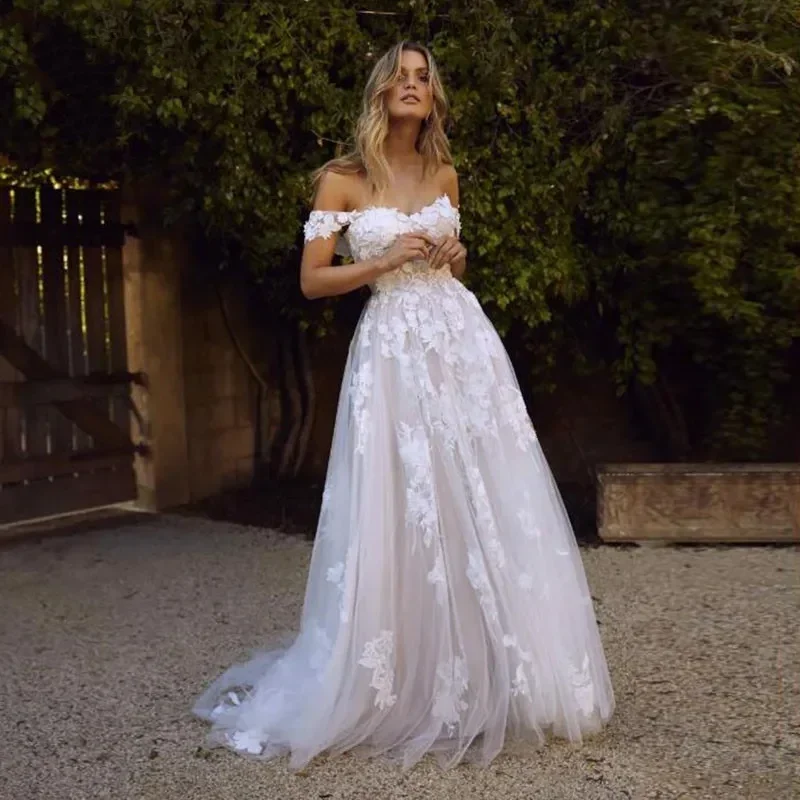 Vestidos de novia largos de tul de encaje con apliques de línea a elegantes, vestidos de novia de playa