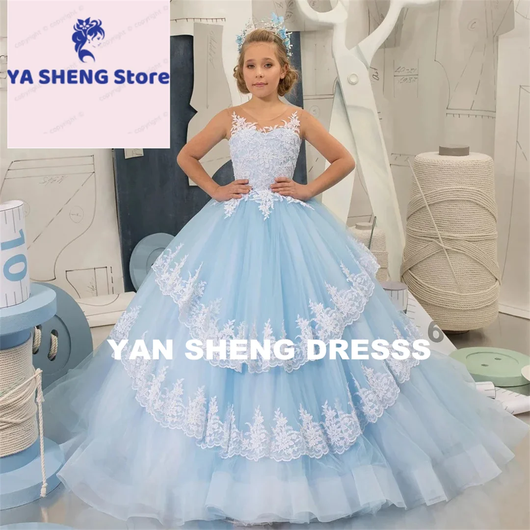 تخصيص الضوء الأزرق زهرة فتاة فستان طول بلا أكمام الزفاف تول ل زين الطابق وصيفة الشرف الاحتفال بعيد ميلاد Eucha