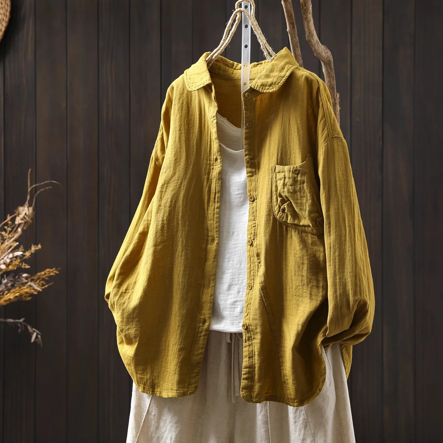 

Enianechu 100% cotton yarn green pink white coffee yellow oversized shirts and blouses for women vintage long sleeve tops