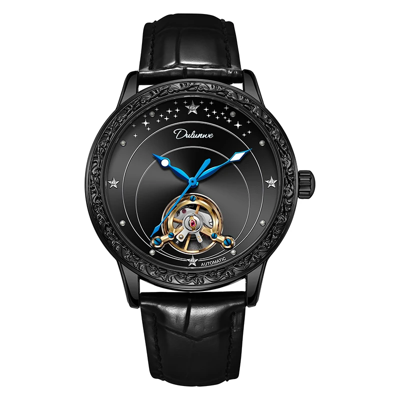 

Dulunwe серебряные модные автоматические часы мужские круглые циферблаты с турбийоном полые механические часы со светящейся стрелкой водонепроницаемые