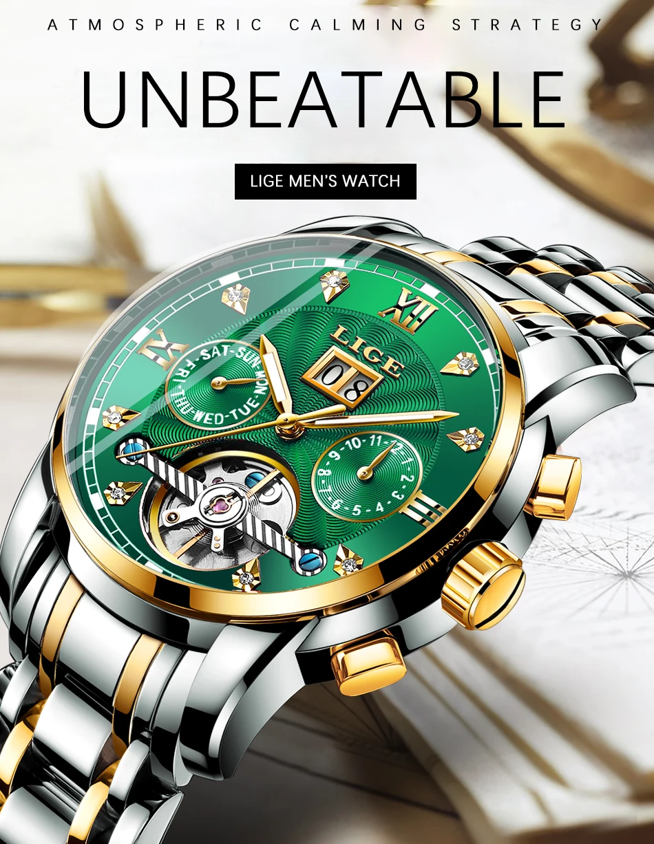 LIGE Automatic Watch for Men Top Original Luxury Skeleton Flywheel Mechanical Wristwatches Classic Calendar Business Man Watch