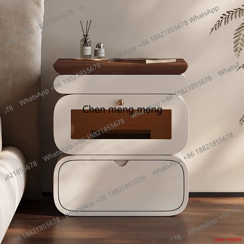 AB03AB03Rustic Nordic Bedside Table With Secret Compartment Safe Curved Cream Nightstand Unique Chic Mesitas De Noche Furniture